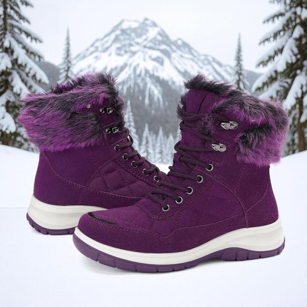 Women's Purple Waterproof Insulated Snow Boots Lace-Up Winter Booties - Picture 3 of 5